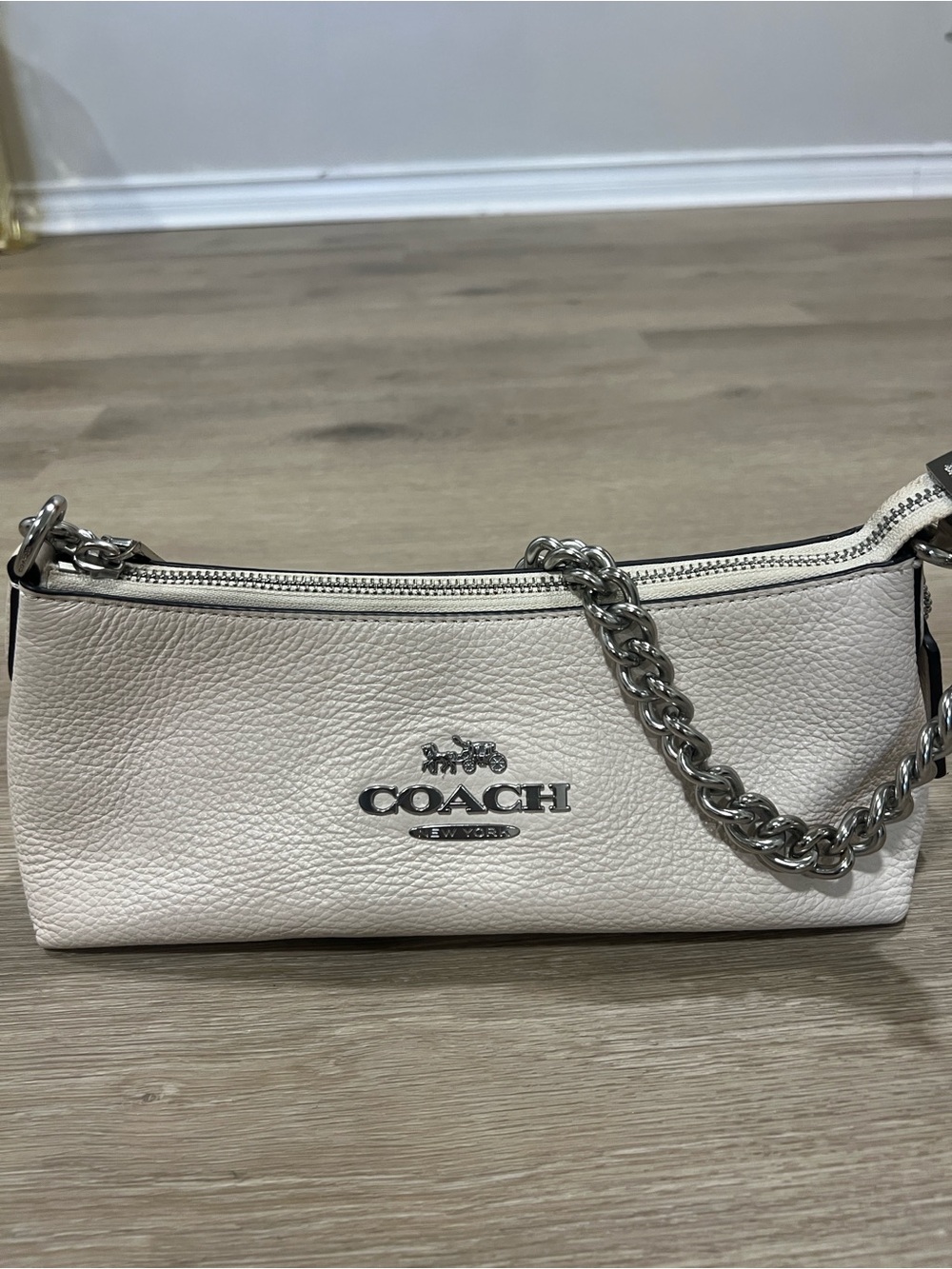 Coach Chalk Pebbled Leather Mini Shoulder Bag with Silver Chain withleatherstrap